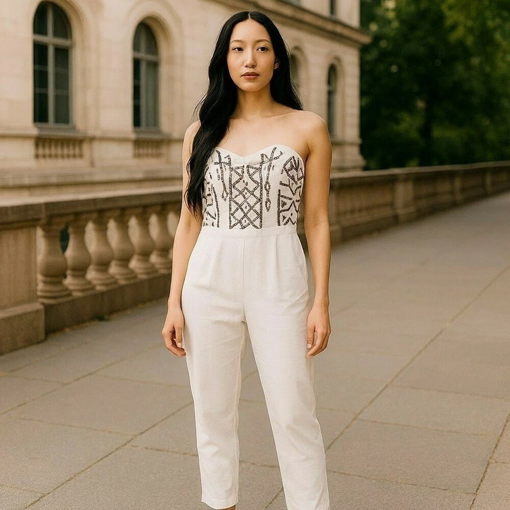 Shein Womens Small White Sequins Strapless One Piece Jumpsuit Cropped Pants S
